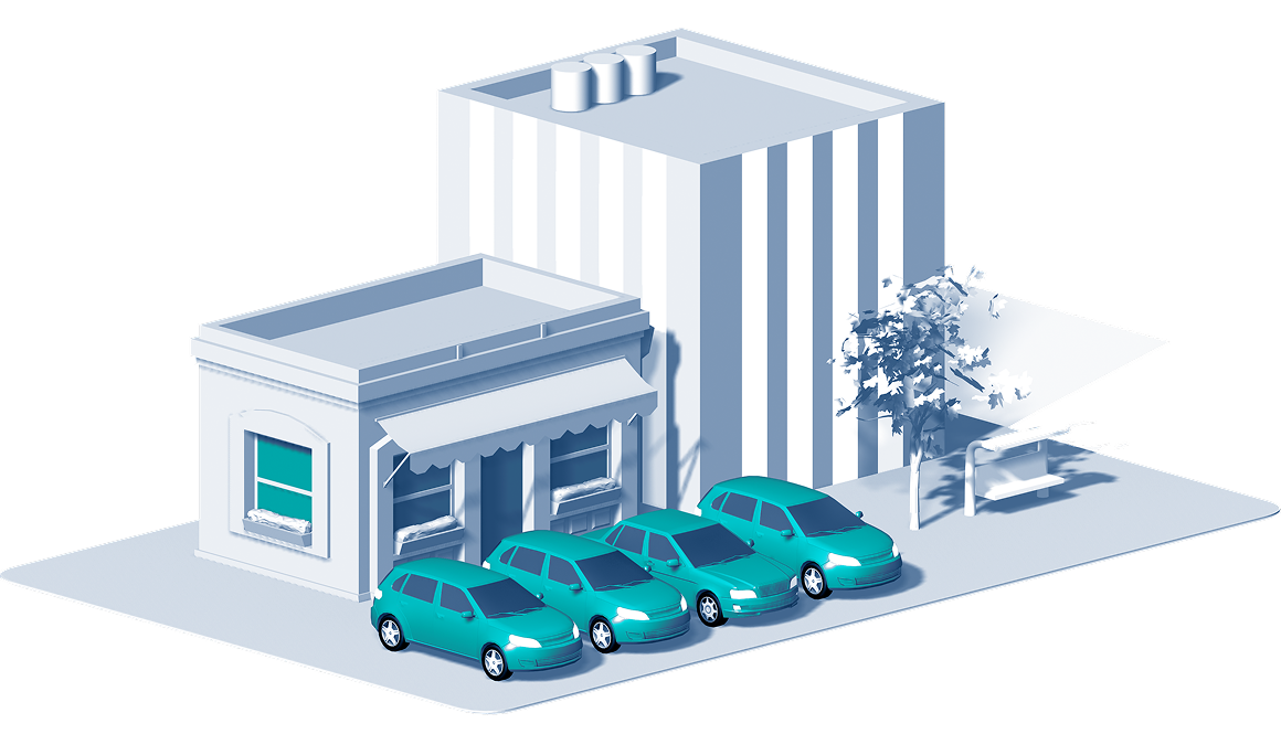 Ilustracja usług Mooveno - stacja paliw z samochodami firmowymi