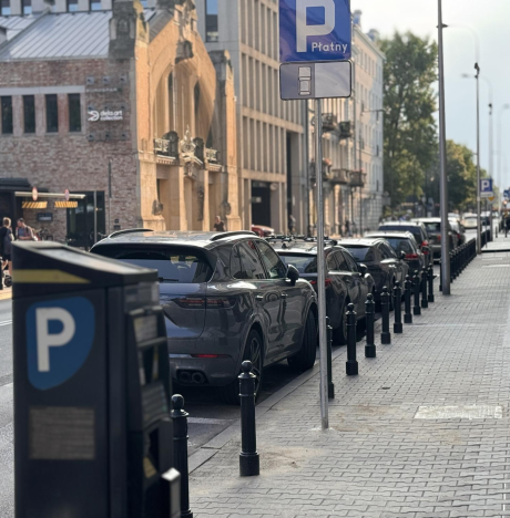 parkomat z zaparkowanymi autami w tle