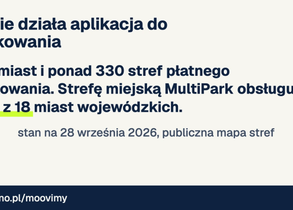 Pokrycie stref płatnego parkowania w aplikacji MultiPark: 120 miast, ponad 330 stref, strefa miejska w 13 z 18 miast wojewódzkich