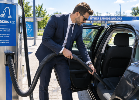 Mężczyzna odkurza auto