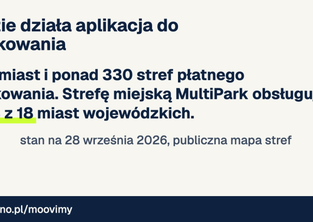 Pokrycie stref płatnego parkowania w aplikacji MultiPark: 120 miast, ponad 330 stref, strefa miejska w 13 z 18 miast wojewódzkich
