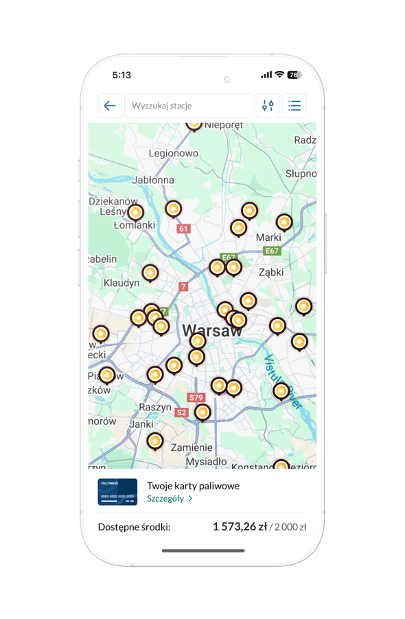 W aplikacji można m.in. sprawdzać limit kwotowy, znaleźć i wyznaczyć trasę do najbliższej stacji paliw oraz sprawdzić historię transakcji.