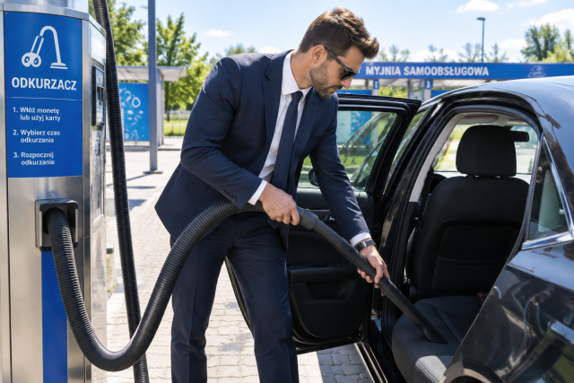Mężczyzna odkurza auto